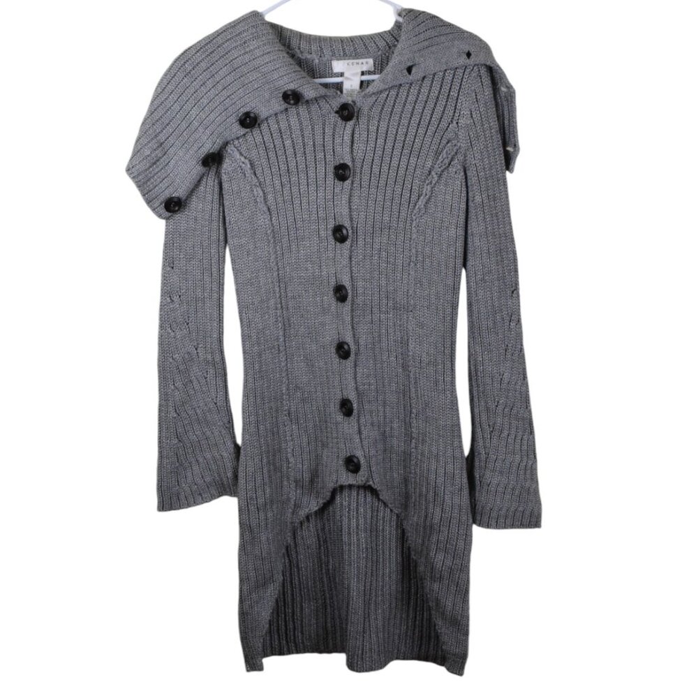 Kenar Wool Blend Grey Asymmetrical Neck Long Button Cardigan Sweater Winter Fall